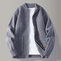 Men's Ribbed Knit Zip-Up Cardigan with Stand Collar and Patch Pockets