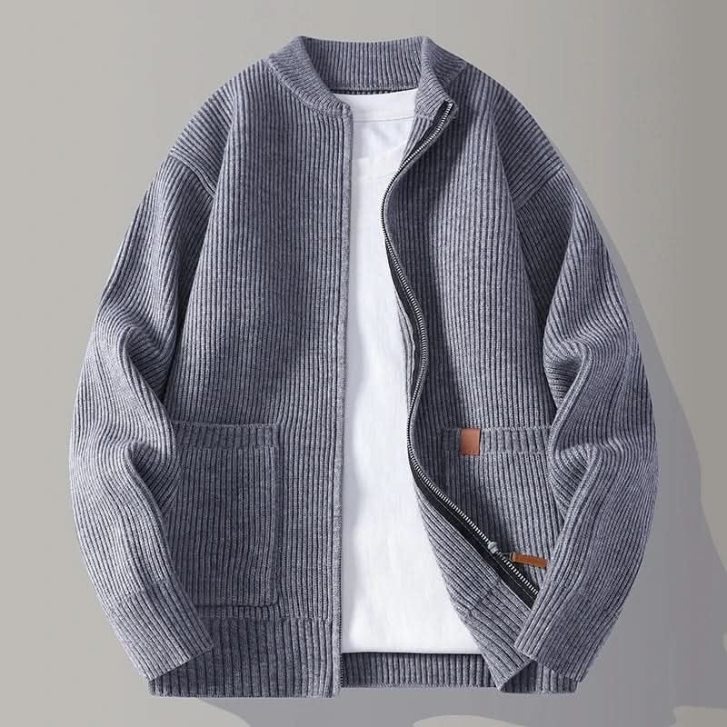 Men's Ribbed Knit Zip-Up Cardigan with Stand Collar and Patch Pockets