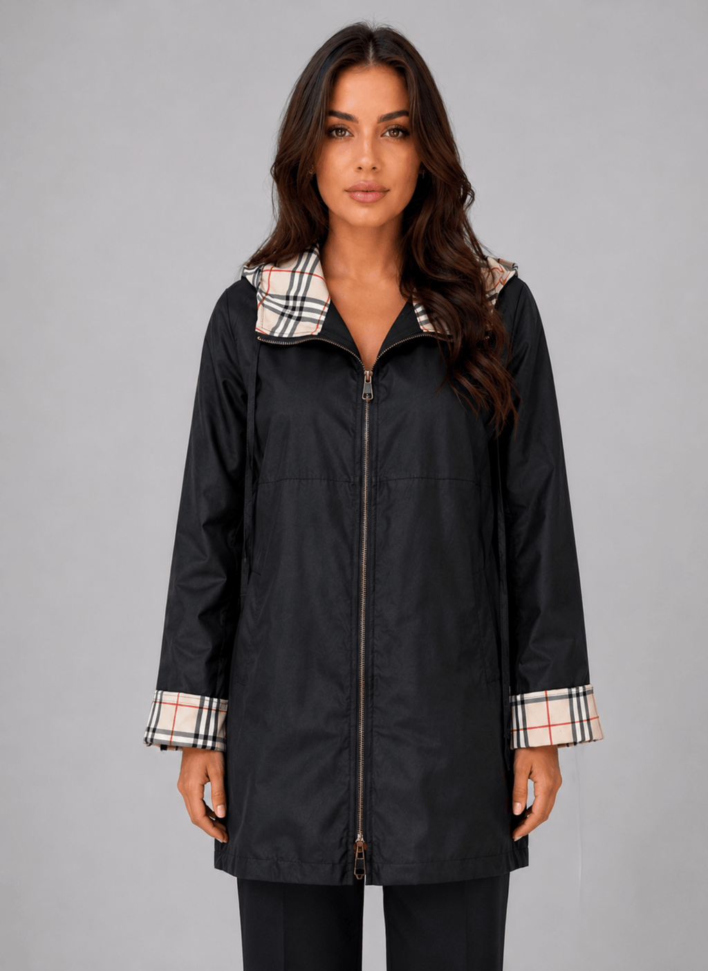 Women's Hooded Longline Rain Jacket with Check-Lined Zip Front