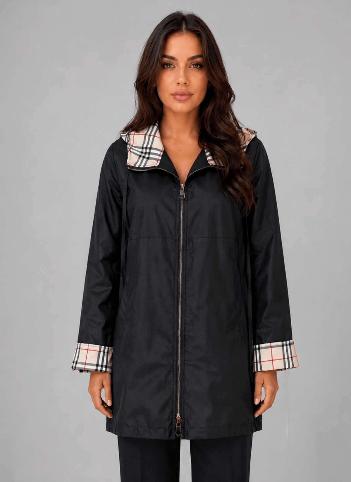 Women's Hooded Longline Rain Jacket with Check-Lined Zip Front