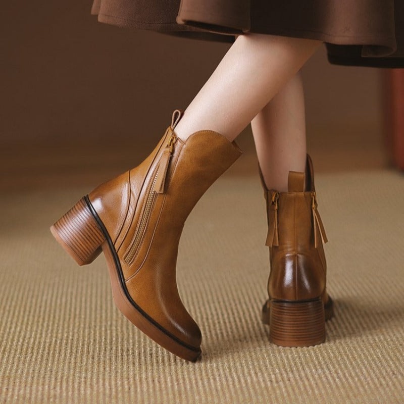 Women's Ankle Boots with Side Zipper and Block Heel in Synthetic for Fall