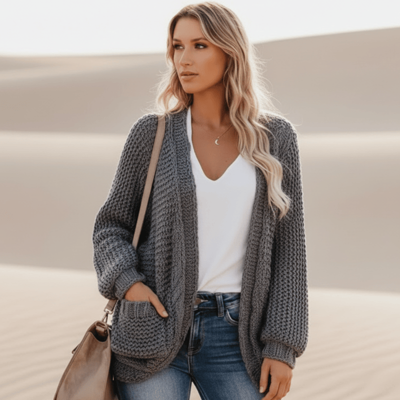 Women's Oversized Open-Front Knitted Sweater Cardigan with Pockets