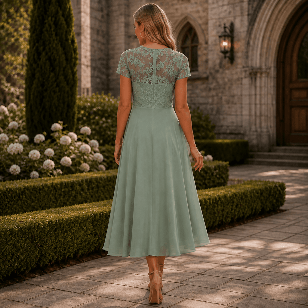 Floral Lace Bodice Chiffon Women's Midi Dress with Short Sleeves