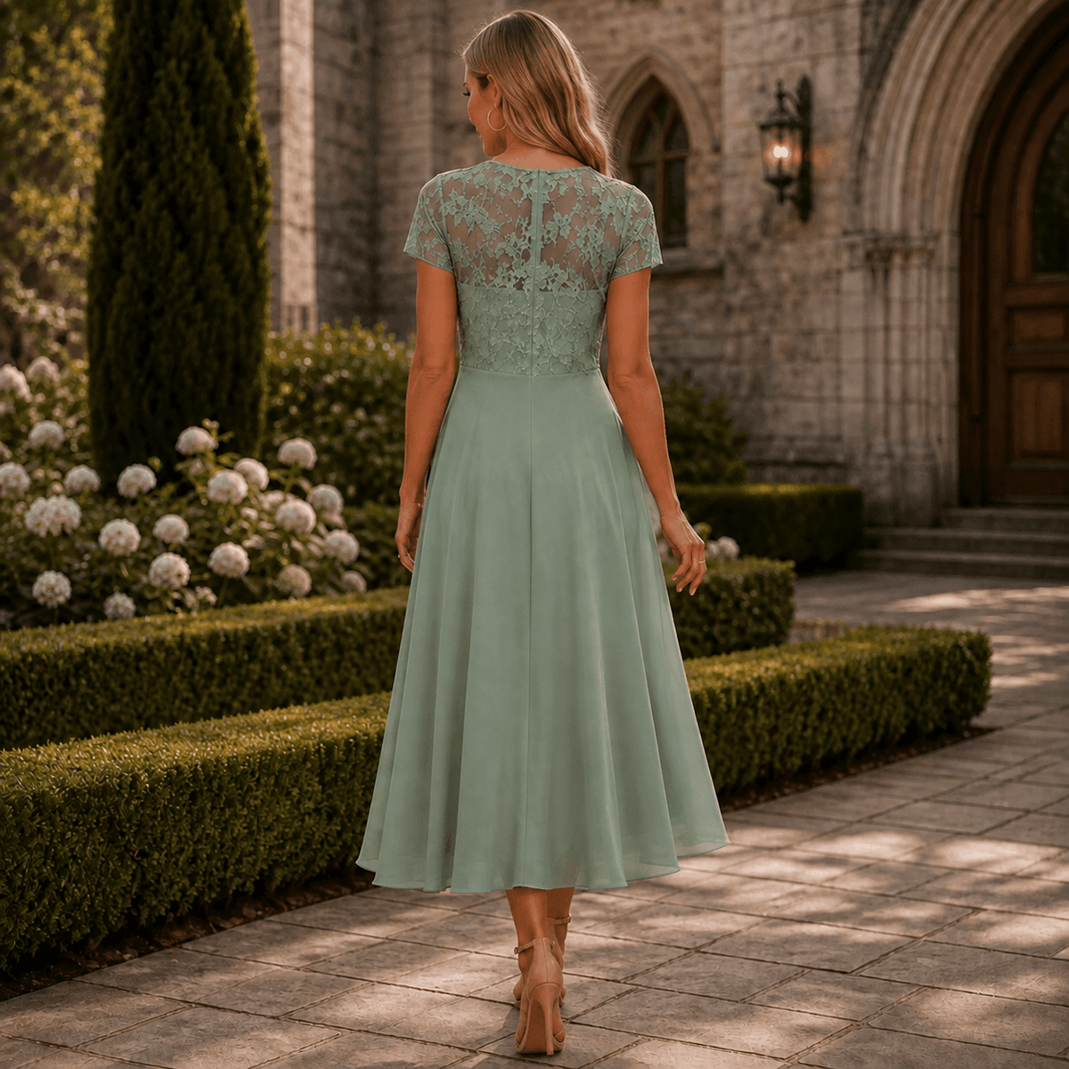 Floral Lace Bodice Chiffon Women's Midi Dress with Short Sleeves