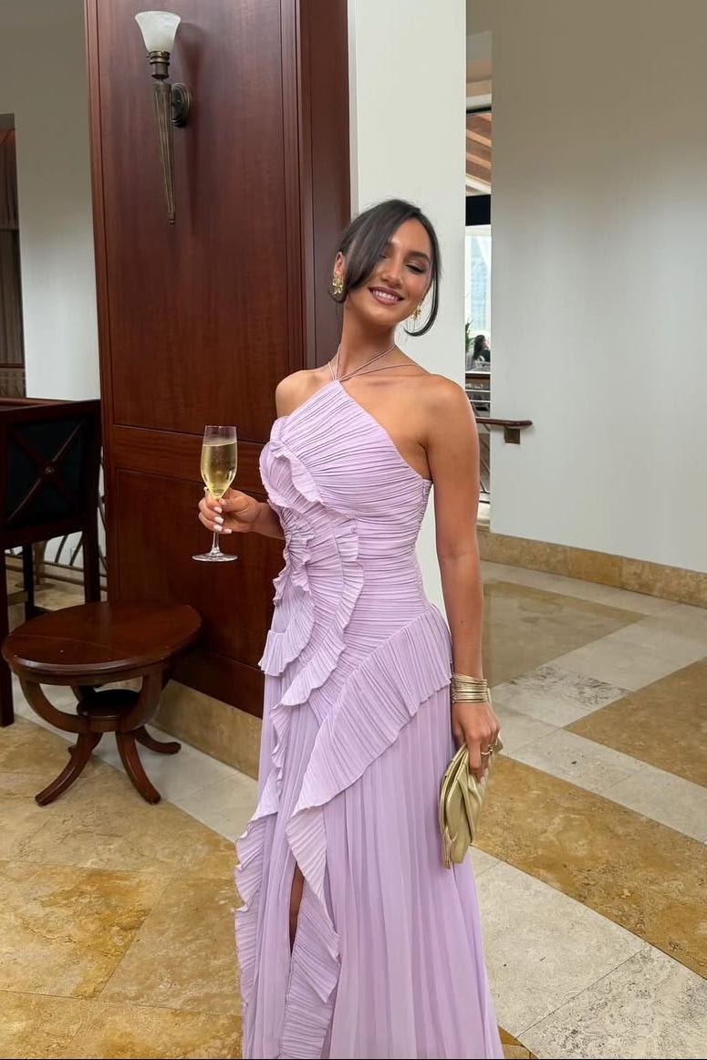 Pleated Ruffle Halter Maxi Dress for Fall Wedding Guests