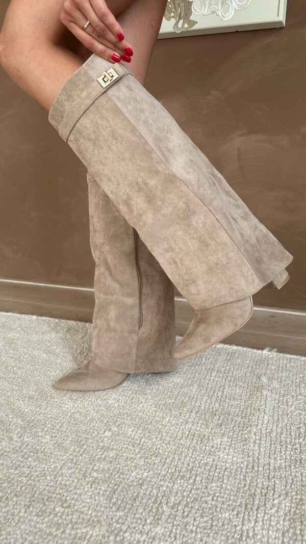 Women's Pointed-Toe Fold-Over Knee-High Boots with Block Heel and Turn-Lock Detail