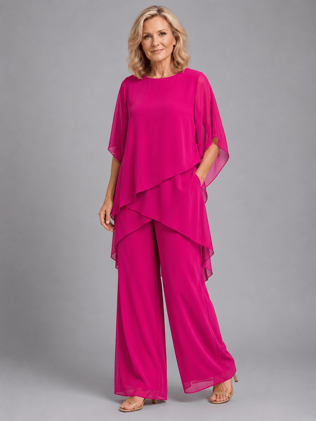 Women's Chiffon Co-ord Set with Layered Top and Wide-Leg Pants