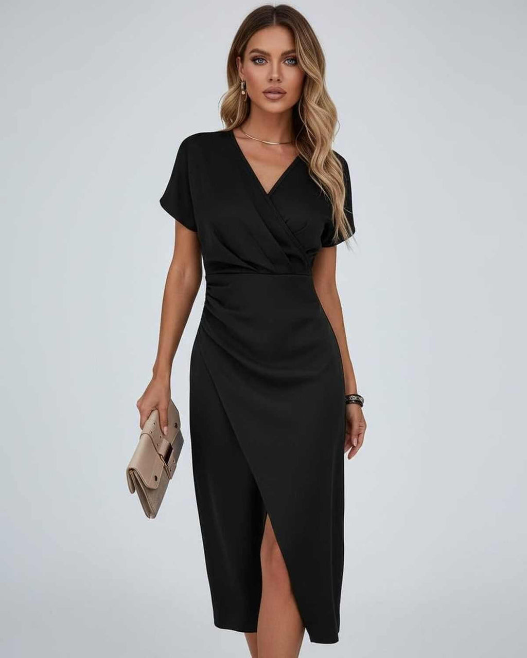 Wrap Midi Dress with Draped Waist and Split Hem for Cheap Bridesmaid Dresses