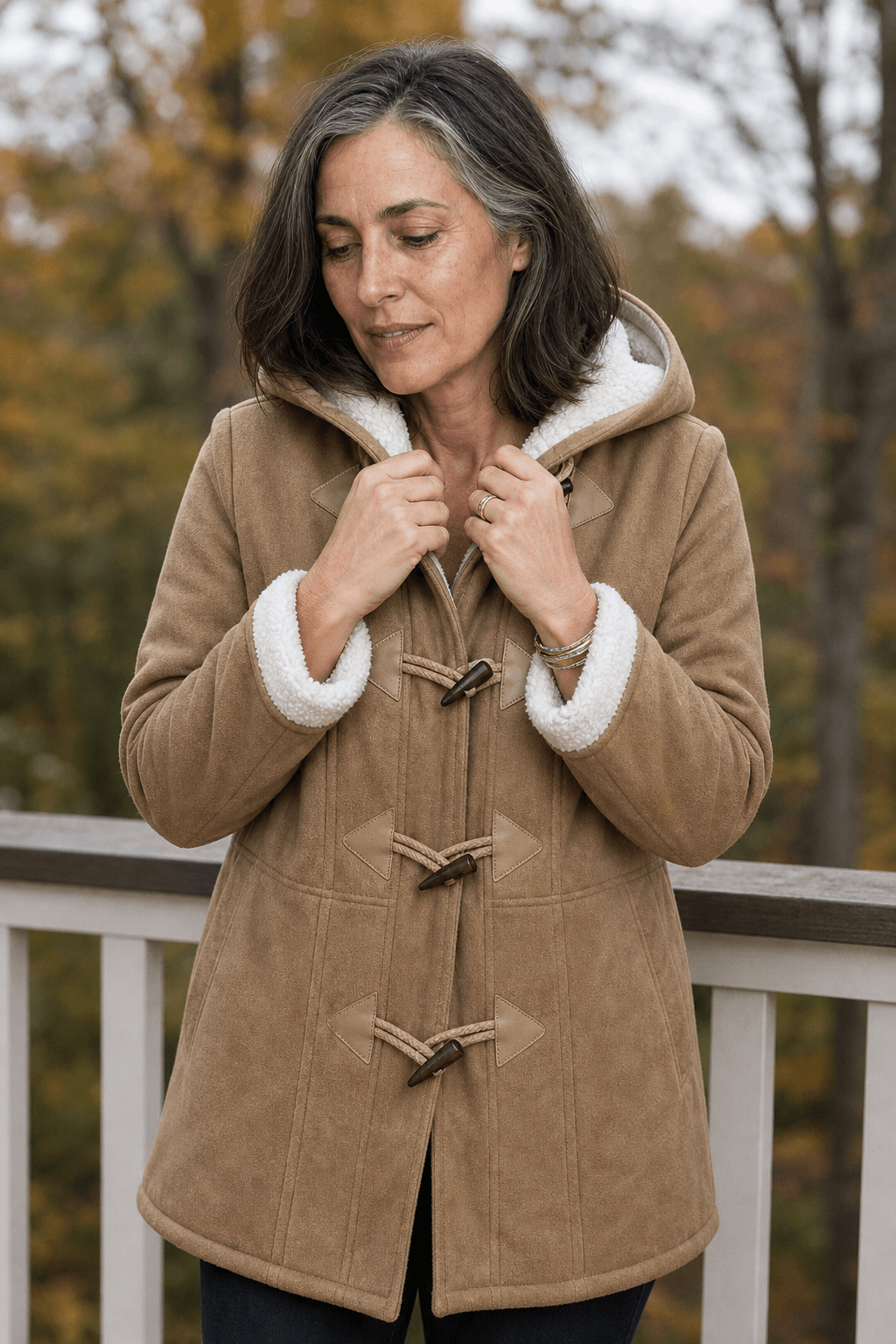 Women's Hooded Faux Suede Winter Coat with Plush Sherpa Lining