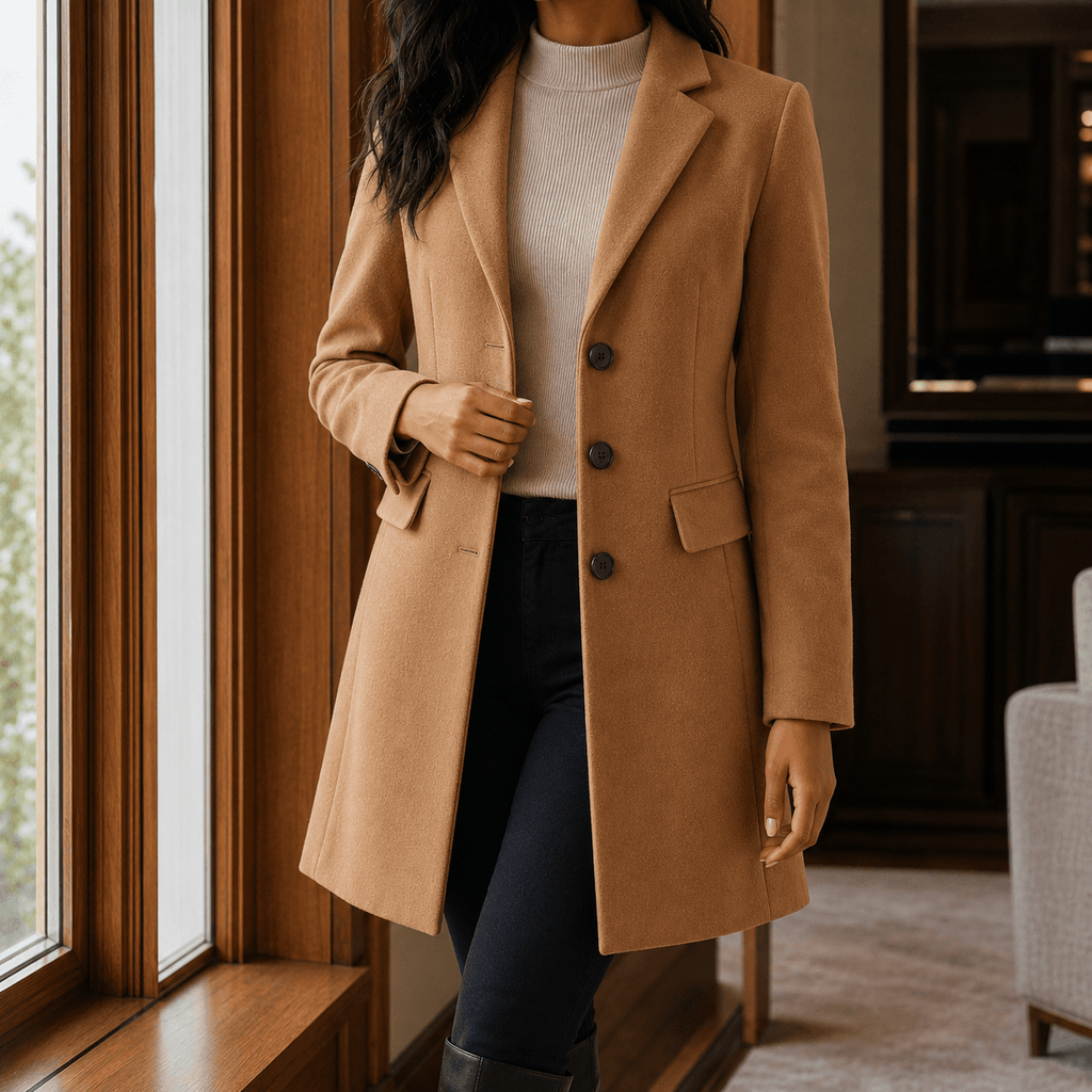 Women's Wool-Blend Tailored Winter Coat with Notched Lapel