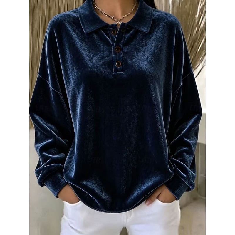 Women's Collared Sweater with Oversized Drop Shoulders and Button Placket
