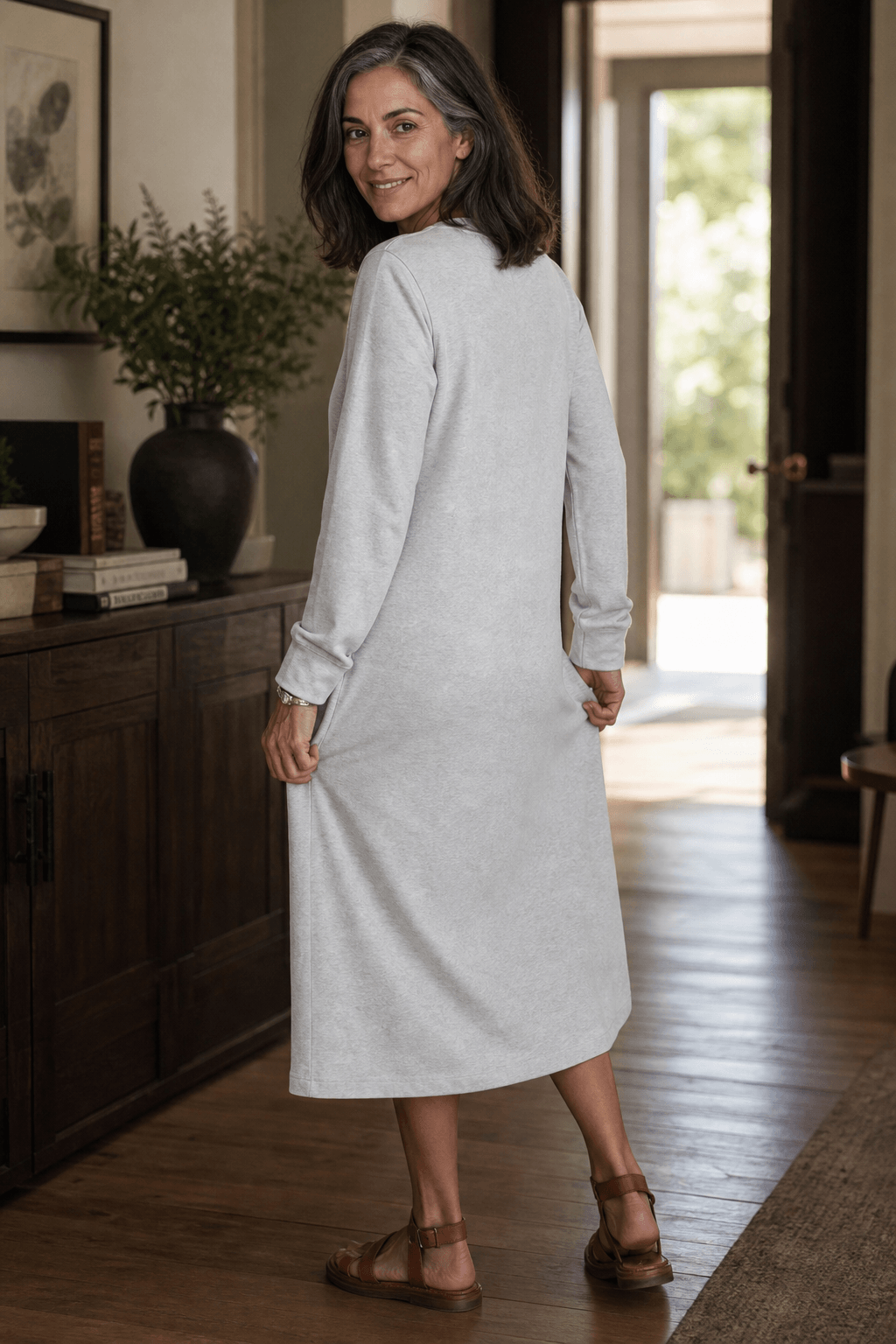 Women's A-Line V-Neck Midi Sweater Dress with Pockets