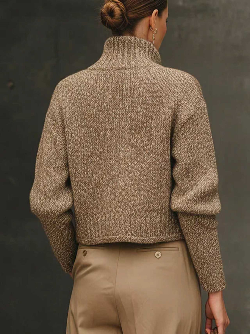 Women's Cropped Knit Sweater Jacket with Stand Collar and Button Front