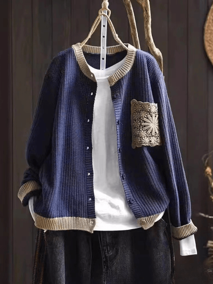 Women's Cardigan in Textured Knit with Lace Chest Pocket and Button Front