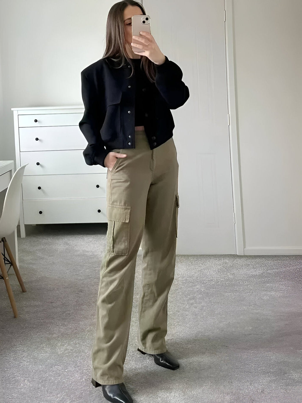 Cropped Bomber Jacket with Snap Front and Rib Knit Trim