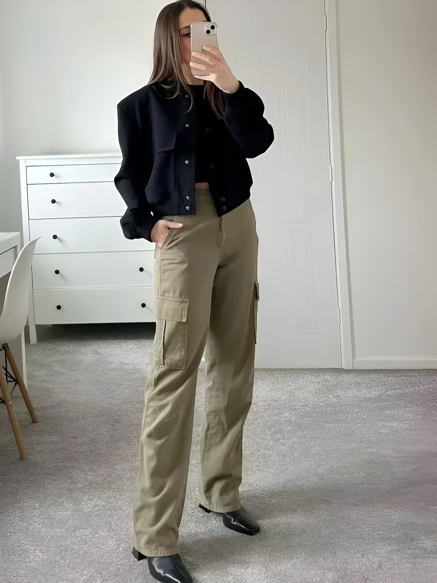 Cropped Bomber Jacket with Snap Front and Rib Knit Trim