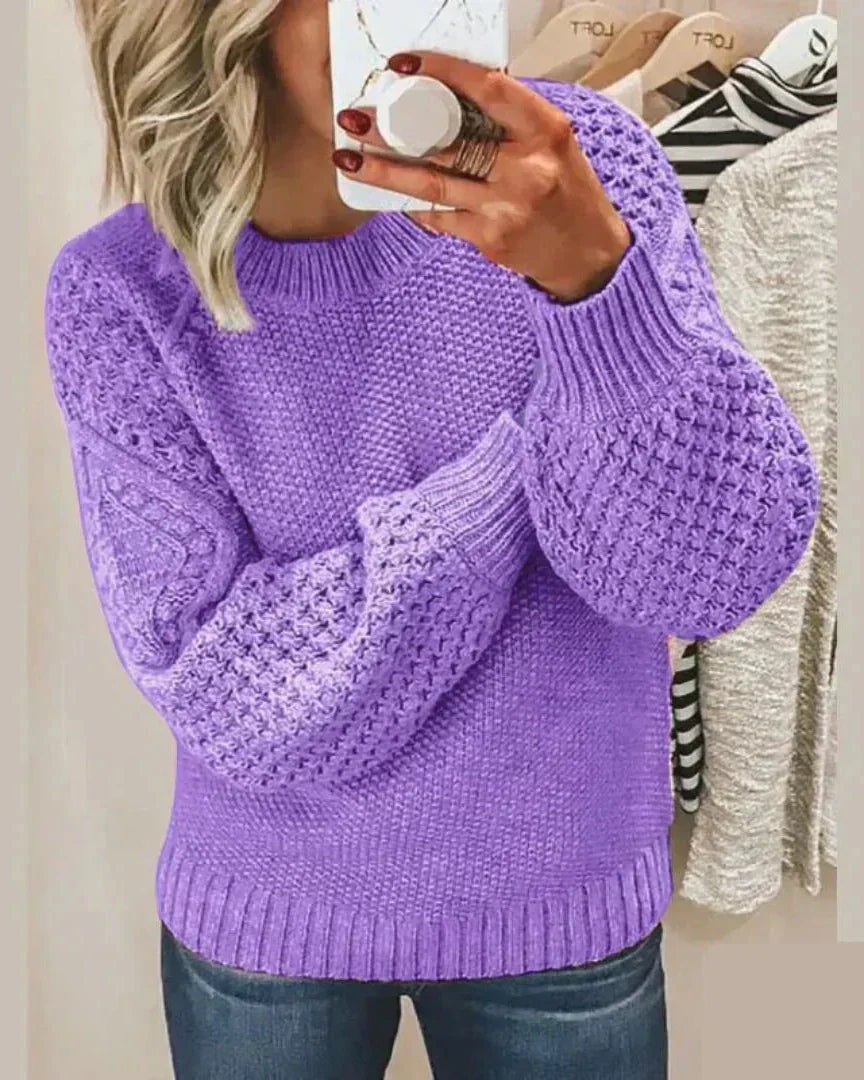 Hazel Textured Crewneck Knitted Sweater for Women with Puff Sleeves
