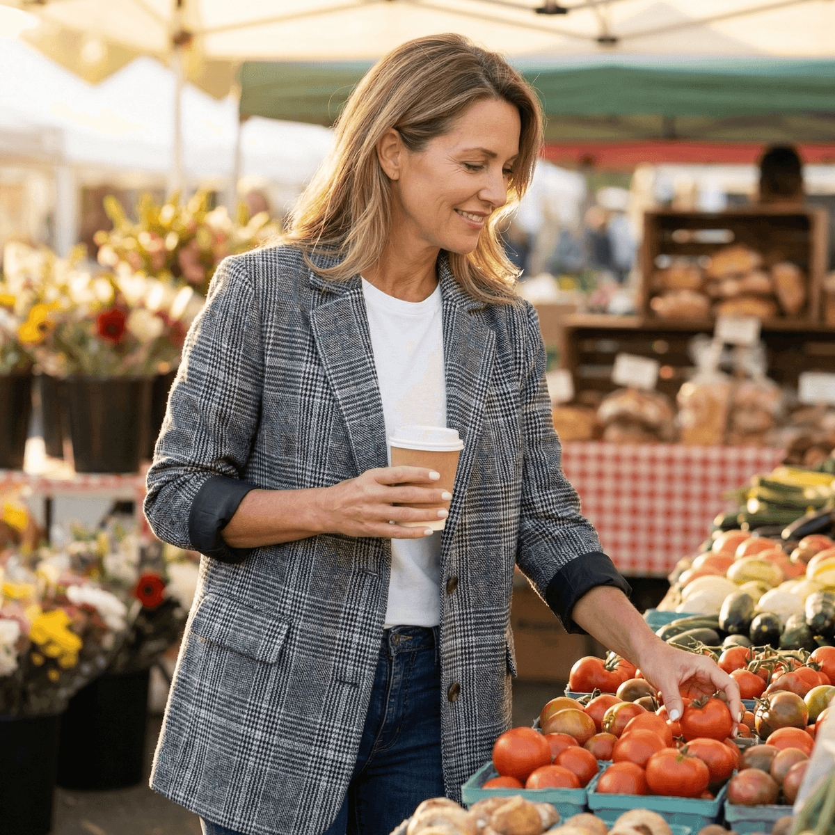 Women's Relaxed Glen Plaid Tailored Blazer with Flap Pockets
