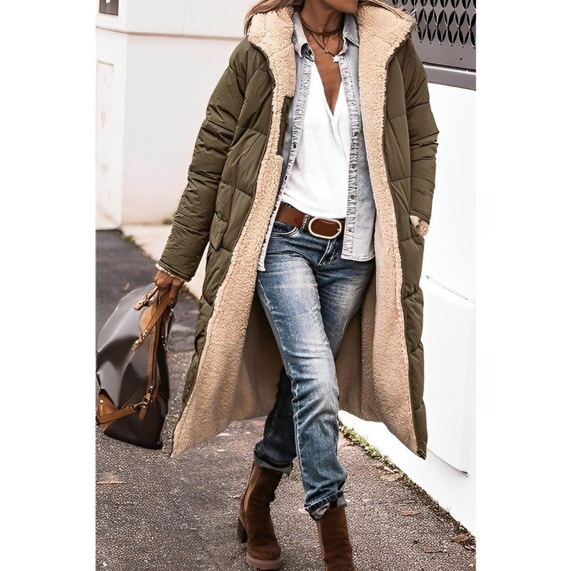 Reversible Teddy-Lined Longline Puffer Winter Coat with Hood