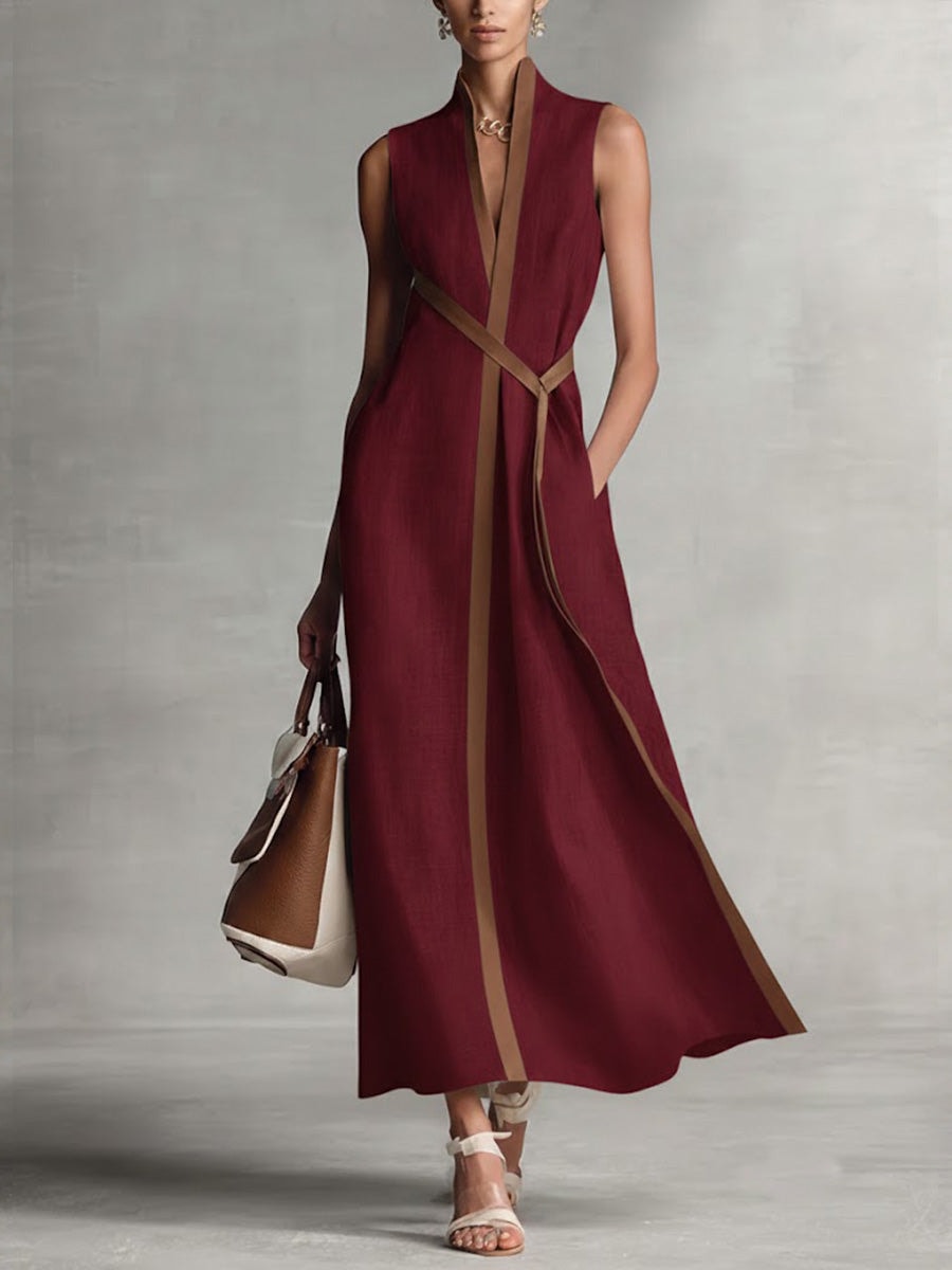 Isabella Sleeveless Wrap-Front Maxi Dress with Contrast Trim