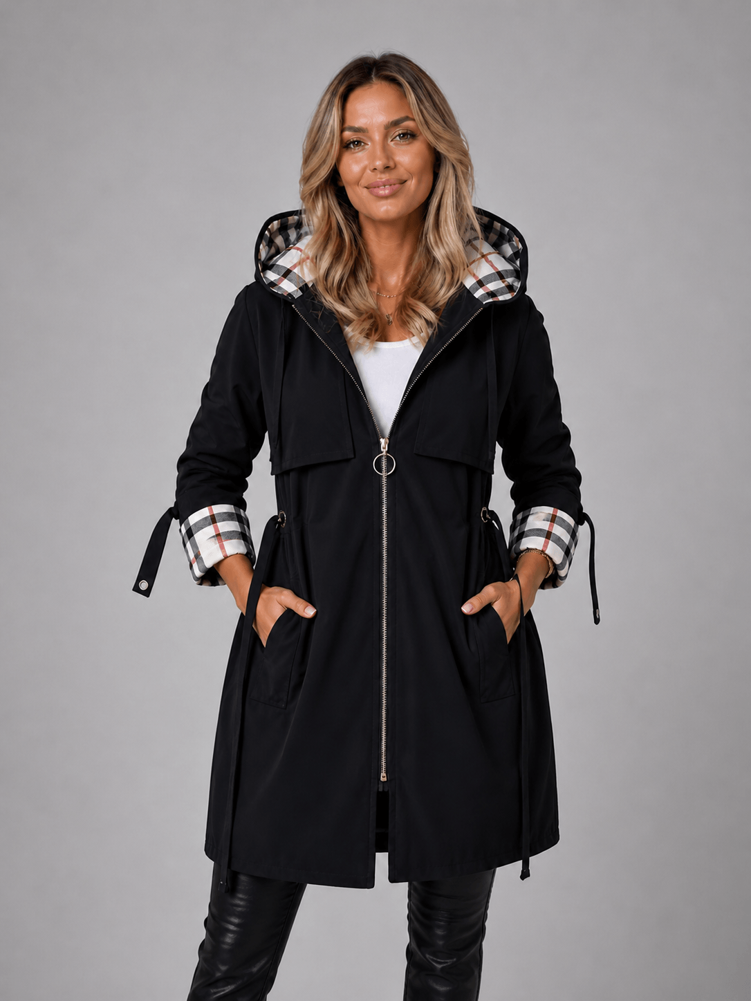 Hooded Longline Women's Rain Jacket with Adjustable Zip-Up Waist