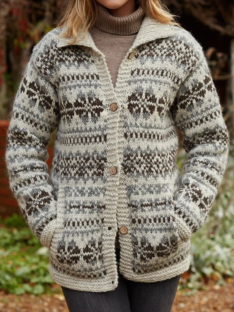 Women's Relaxed Fair Isle Knit Cardigan with Pockets and Chunky Wooden Buttons