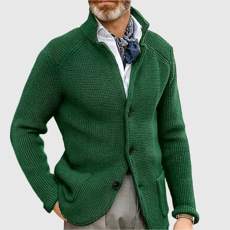 Waffle-Knit Button-Front Mens Sweaters Cardigan with Stand Collar
