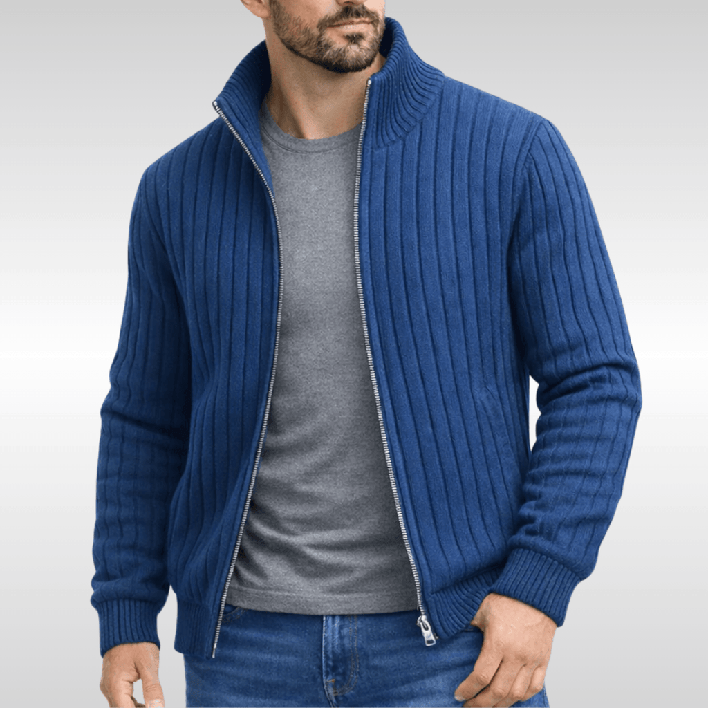 Men's Ribbed Knit Full-Zip Cardigan Sweater with Stand Collar