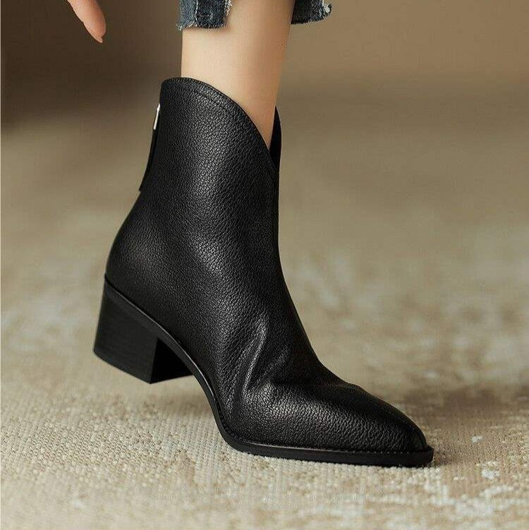 Kensley Pointed-Toe Faux Leather Women's Boots with Block Heel and Side Zip