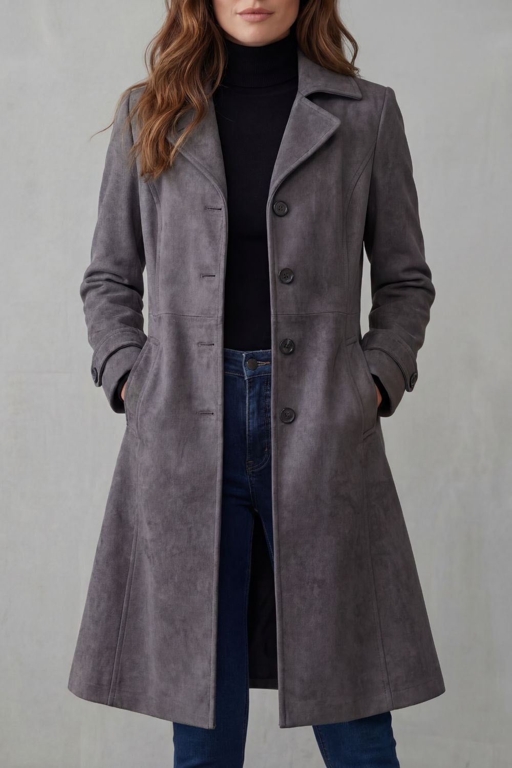 Women's Vintage Longline Winter Coat with Suede-Style Finish and Tailored Waist