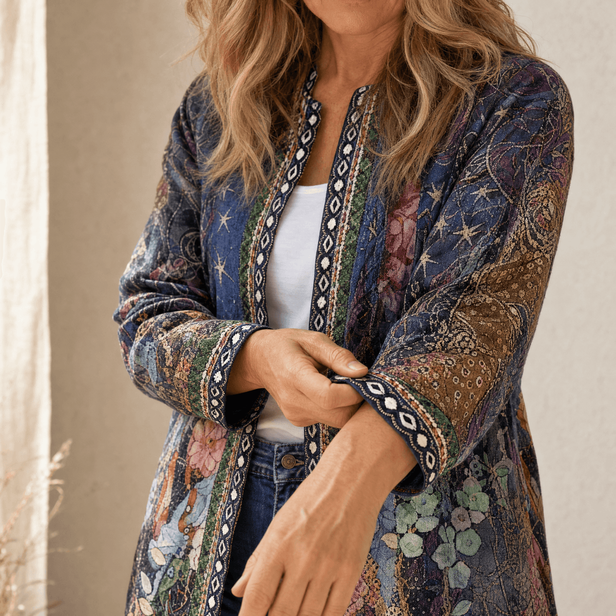 Patterned Open-Front Jacket with Embellished Trim for Women