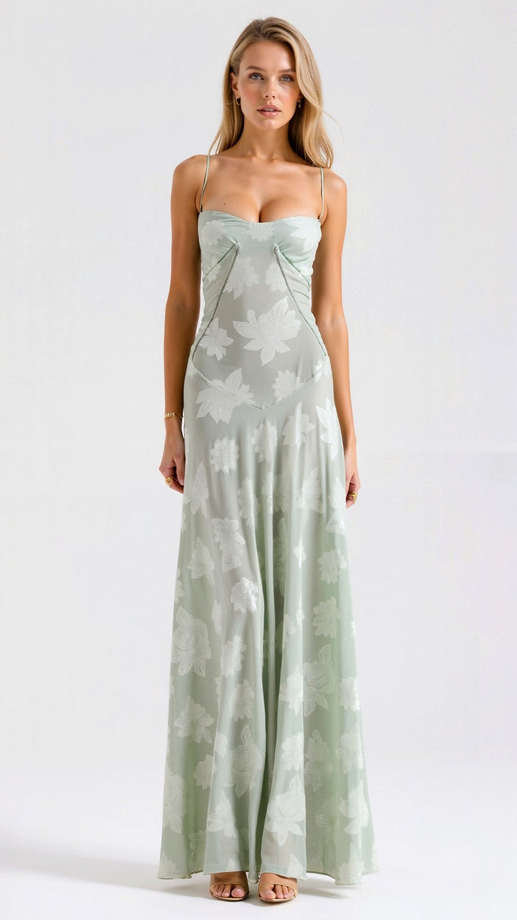 Women's Floral Bustier Maxi Wedding Guest Dress with Lace-Up Corset Back