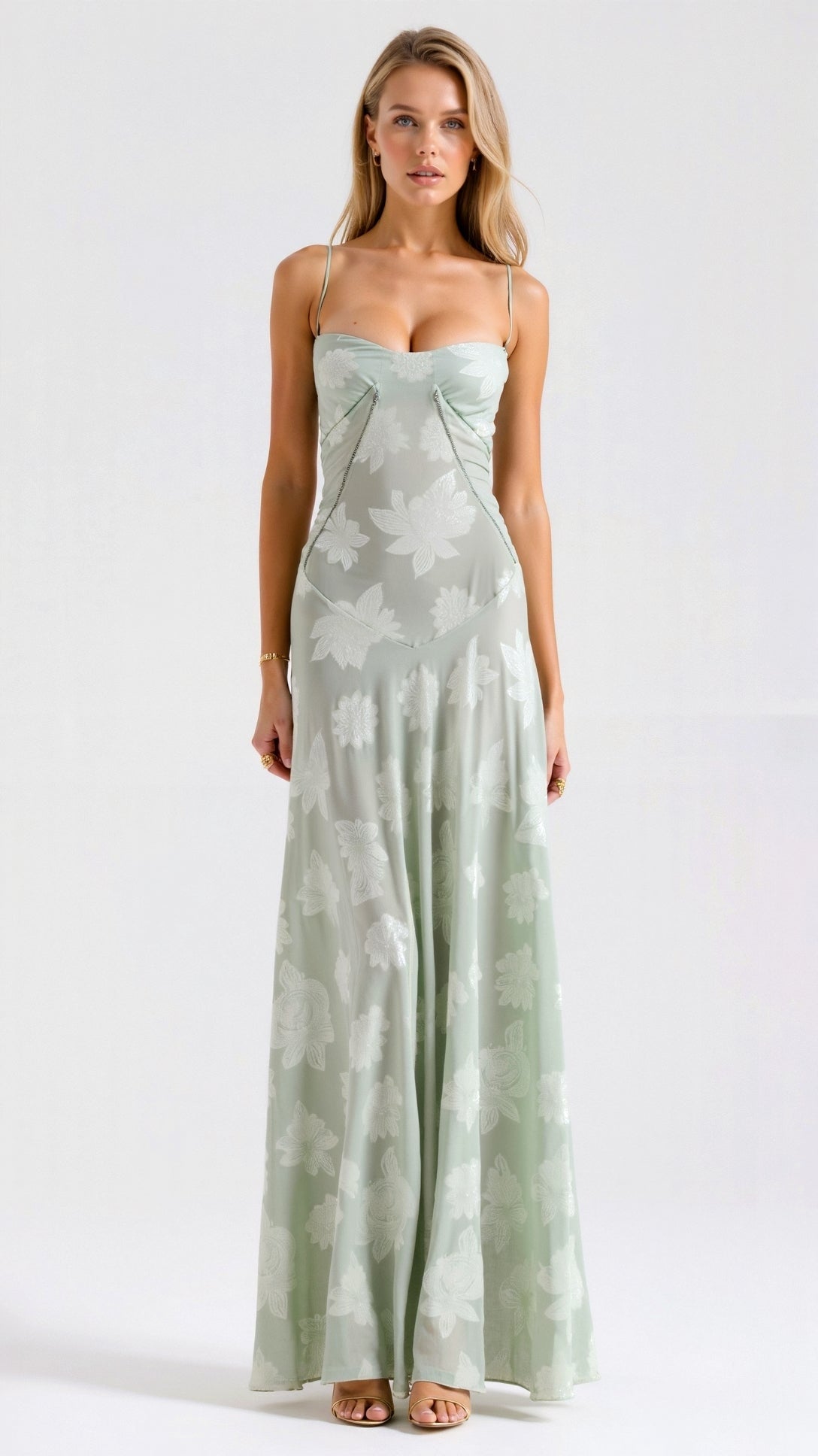 Women's Floral Bustier Maxi Wedding Guest Dress with Lace-Up Corset Back