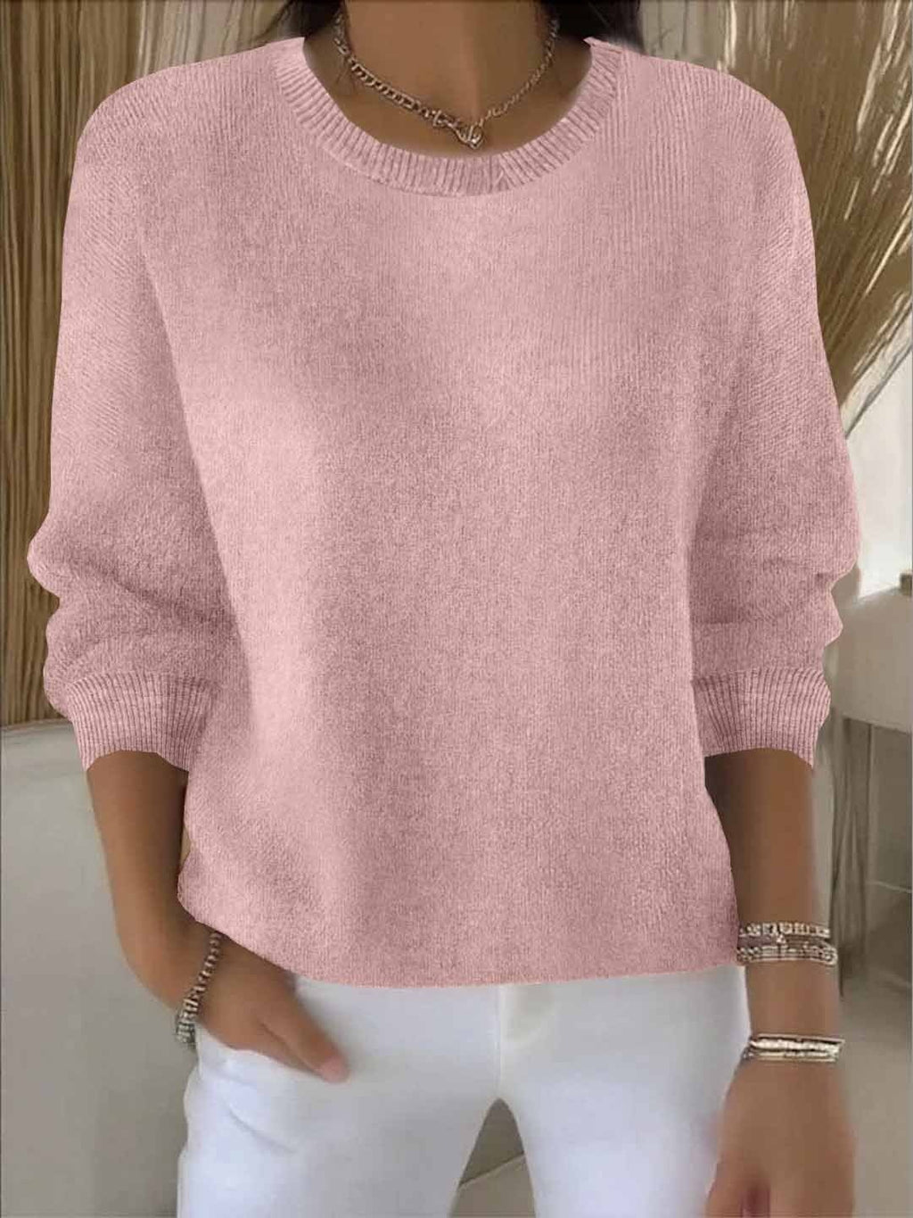 Lorie Ribbed-Cuff Women's Knitted Sweater with Crew Neck
