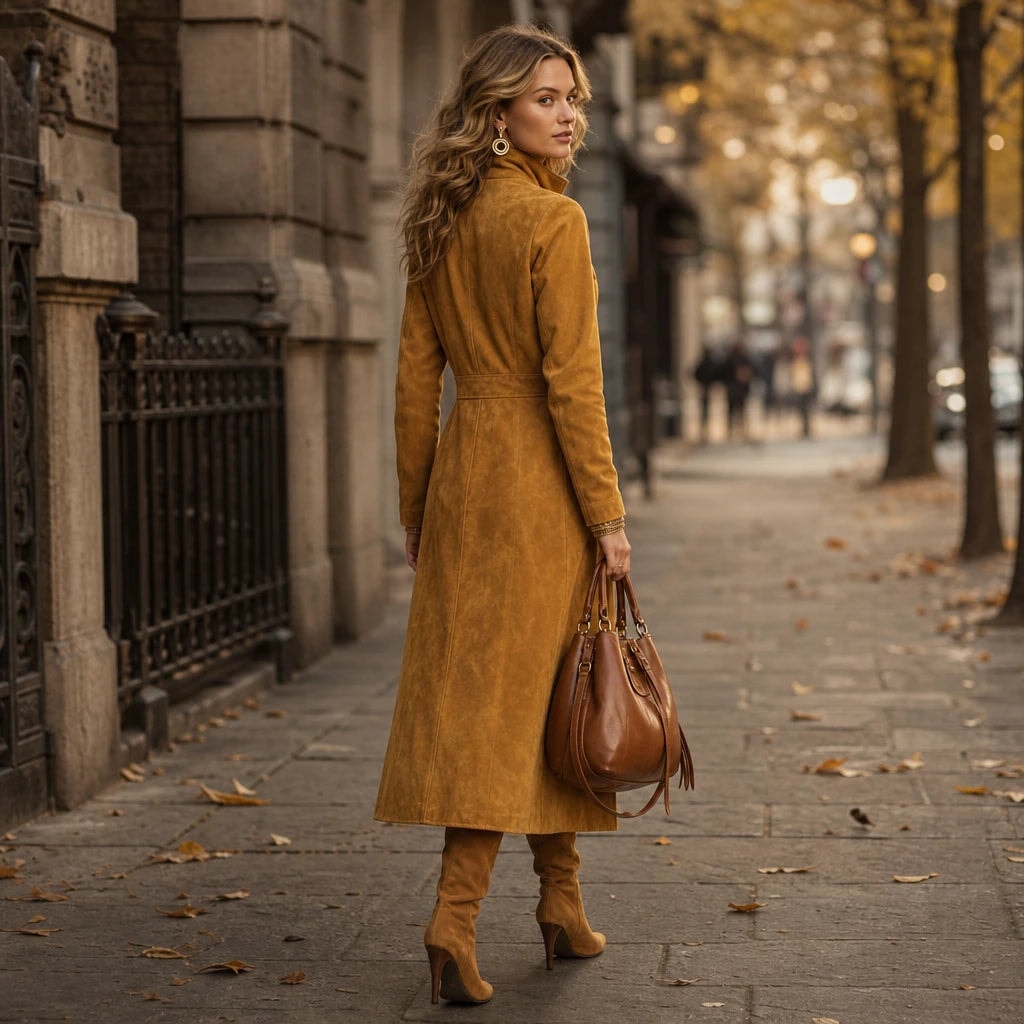 Women's Fitted Long Faux Suede Coat with Stand Collar and Full-Length Zip