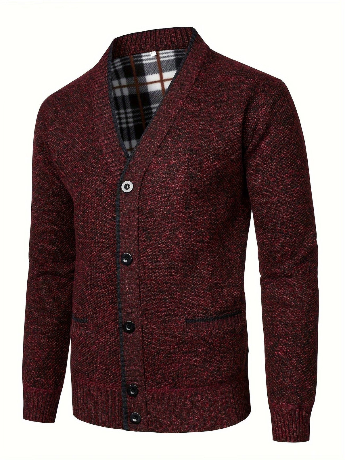 Men's Knit Button-Up Cardigan with V-Neck Collar and Plaid Fleece Lining