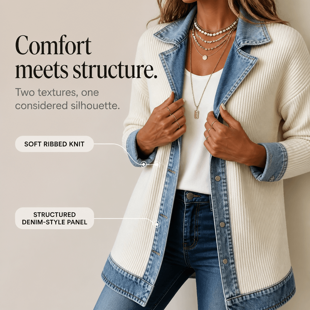 Women's Ribbed Knit Longline Sweater Cardigan with Denim Panel Trim