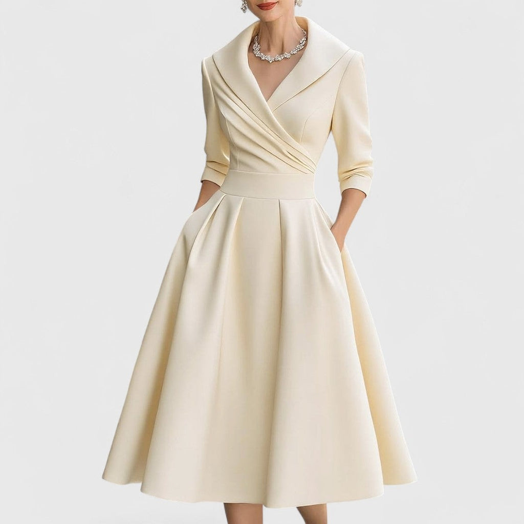 Women's V-Neck Wrap Midi Dress with Shawl Collar and Three-Quarter Sleeves