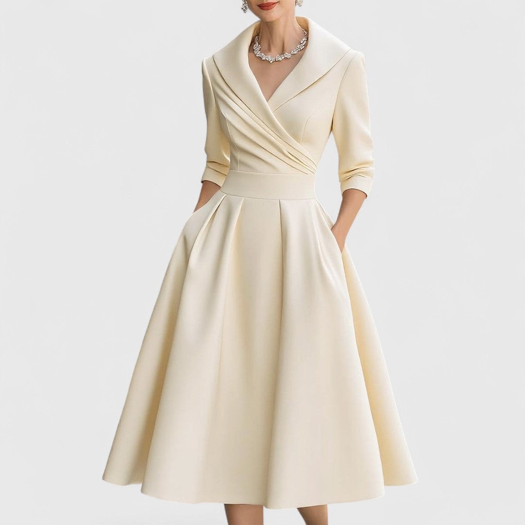 Women's V-Neck Wrap Midi Dress with Shawl Collar and Three-Quarter Sleeves