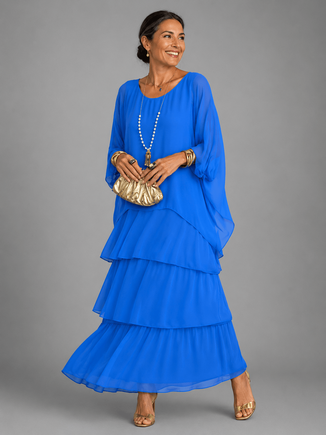 Tiered Ruffle Women's Midi-to-Maxi Dress with Flowing Capelet Sleeves