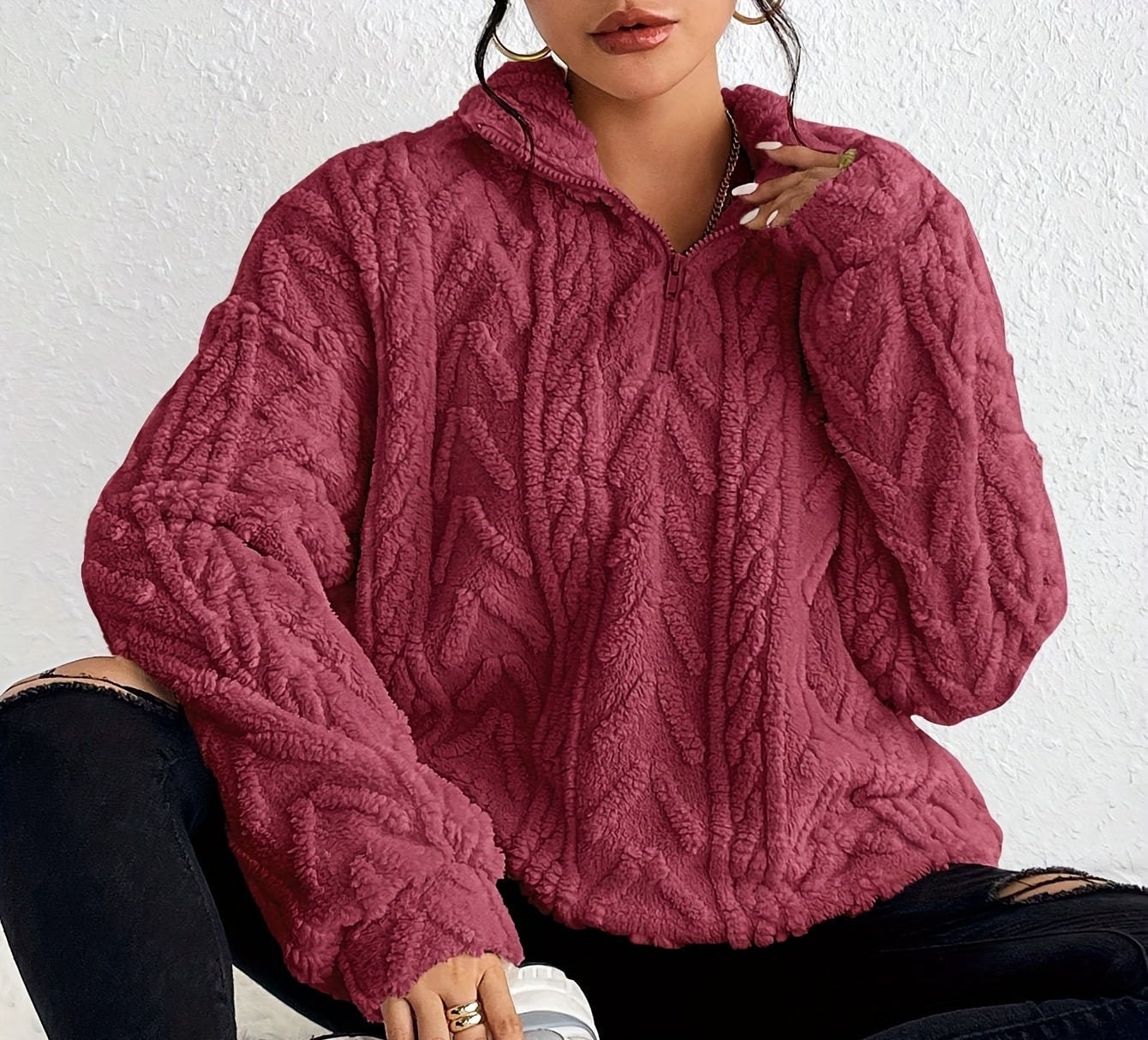Aicha | Textured Half-Zip Oversized Sweater with Wrap Front
