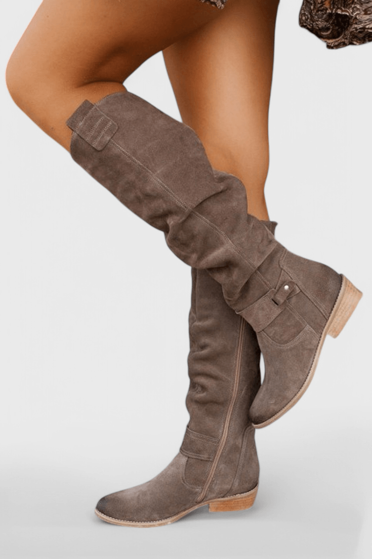 Celine Slouchy Suede Knee-High Women's Boots with Buckle Detail
