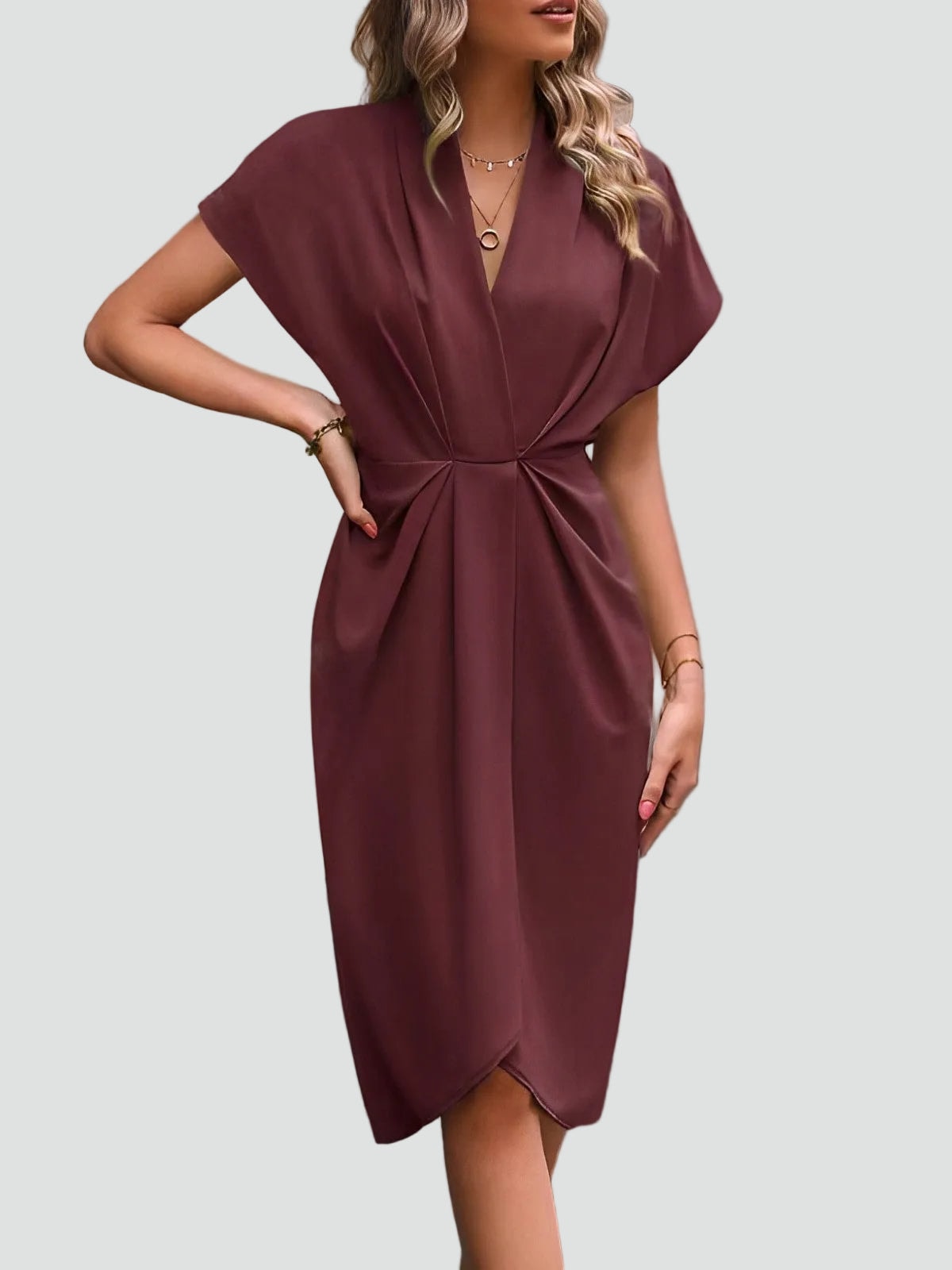 Draped Deep-V Split-Front Women's Midi Dress with Tulip Hem