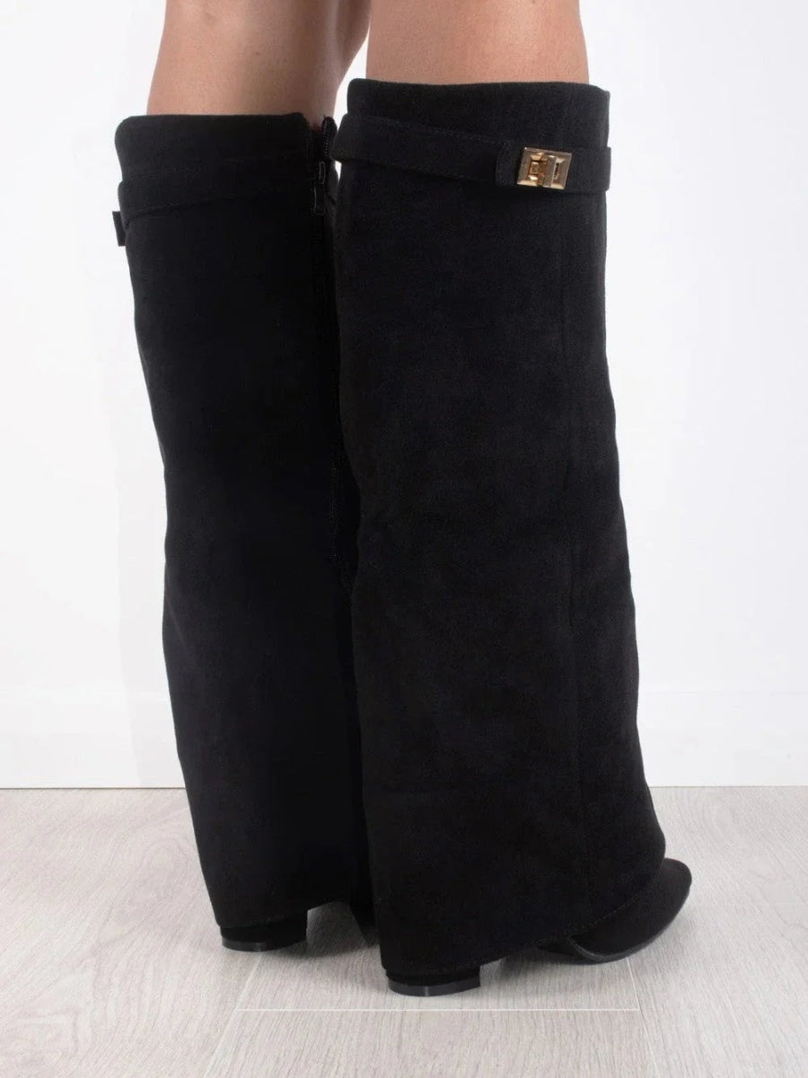 Knee-High Fold-Over Brown Boots with Buckle Strap for Fall and Winter