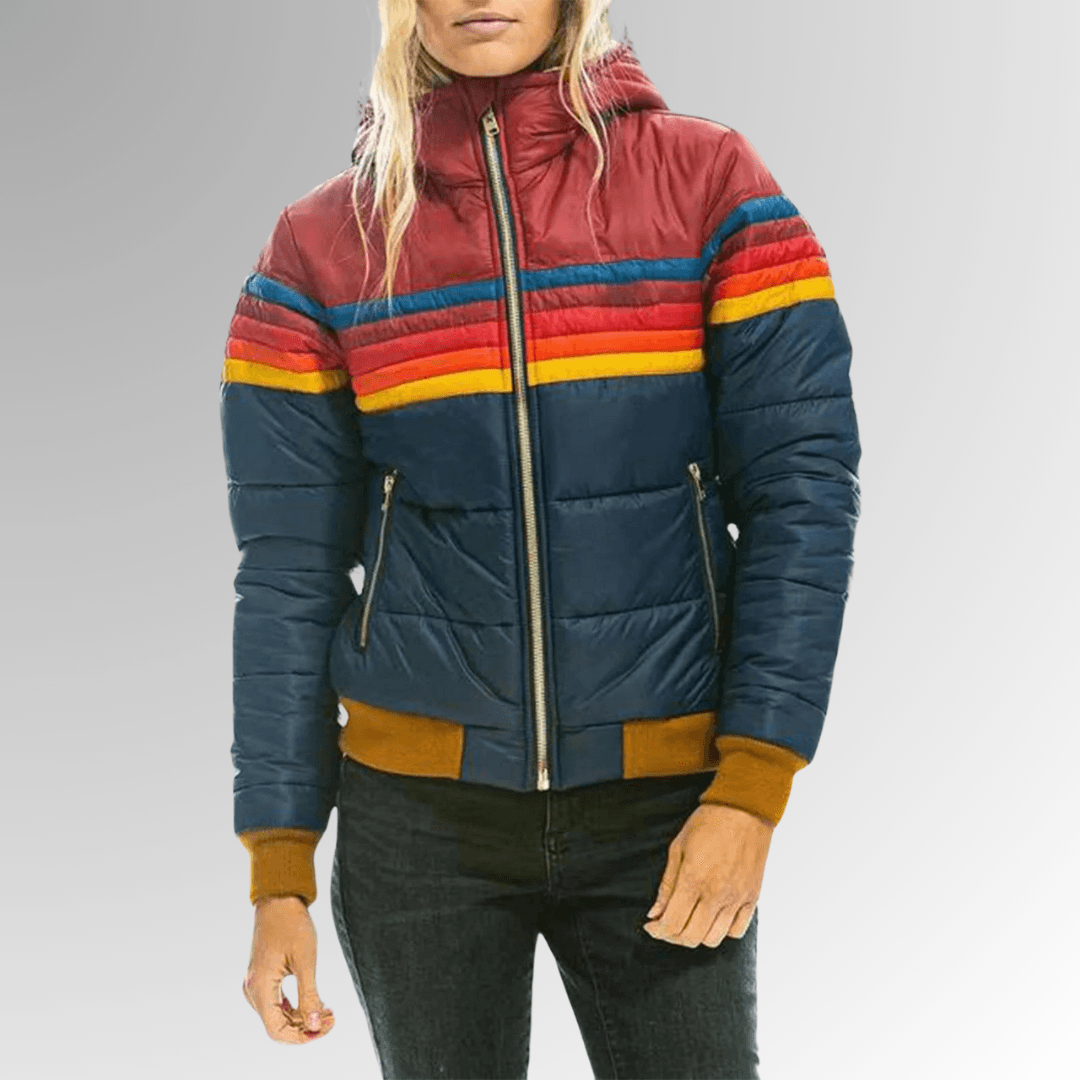 Hooded Quilted Puffer Jacket with Striped Chest Bands in Polyester