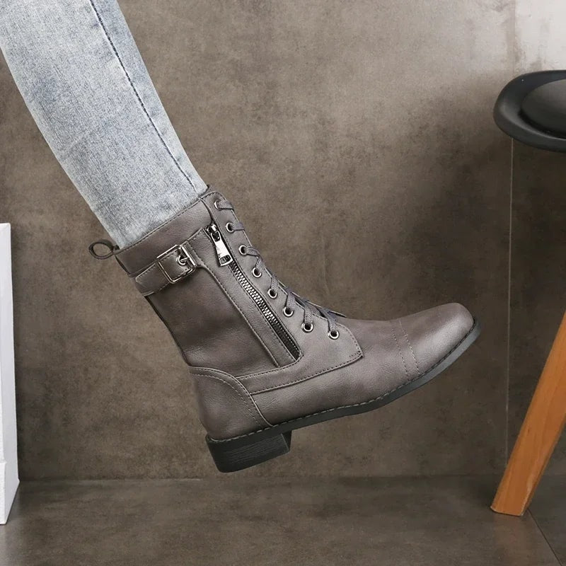 Lace-Up Ankle Fall Boots with Side Zipper and Buckle Strap
