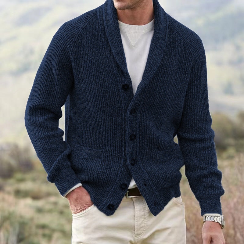 Men's Loose-Fit Ribbed Knit Shawl Collar Cardigan with Button Front and Pockets