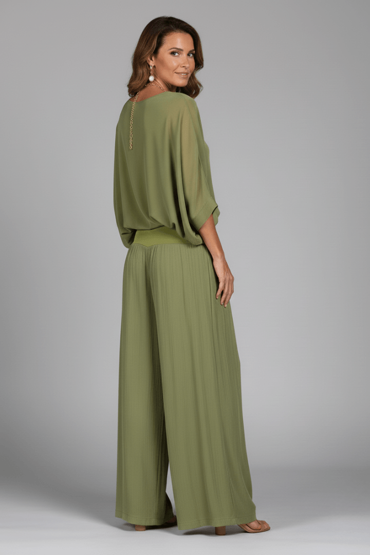 Natalie Women's Chiffon Wide-Leg Two-Piece Co-Ord Set with Draped Top