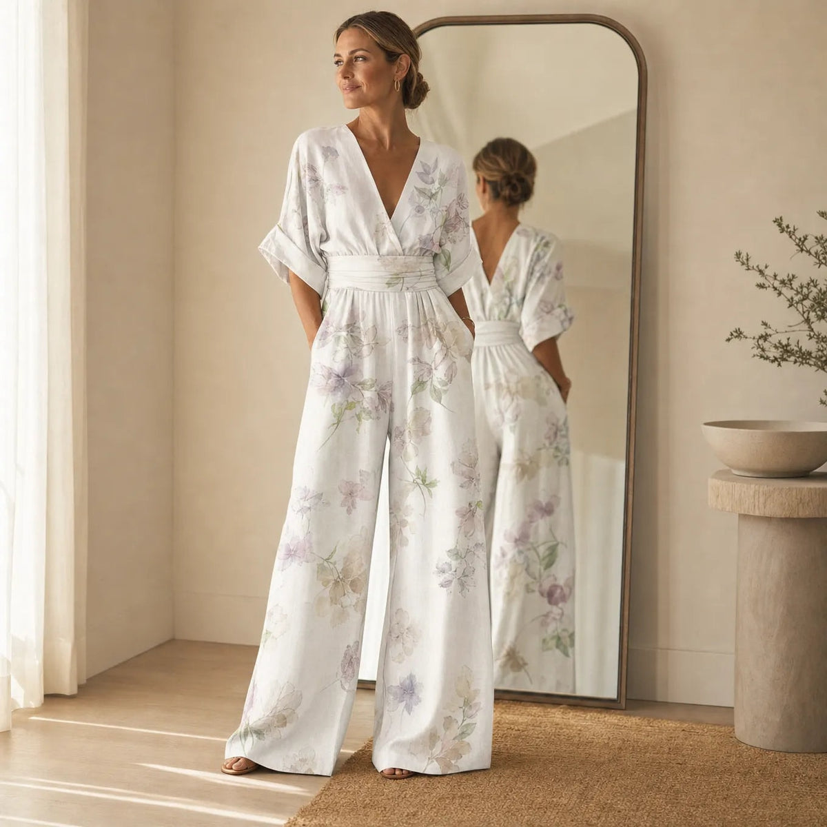 Floral Wide-Leg Jumpsuit with Cinched Waist in Place of a Two-Piece Set