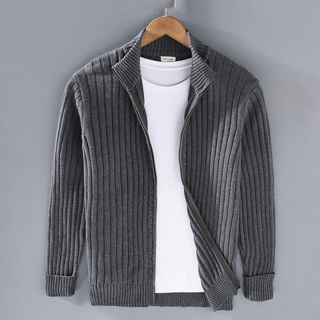 Men's Chunky Ribbed Knit Zip-Up Cardigan with Stand Collar